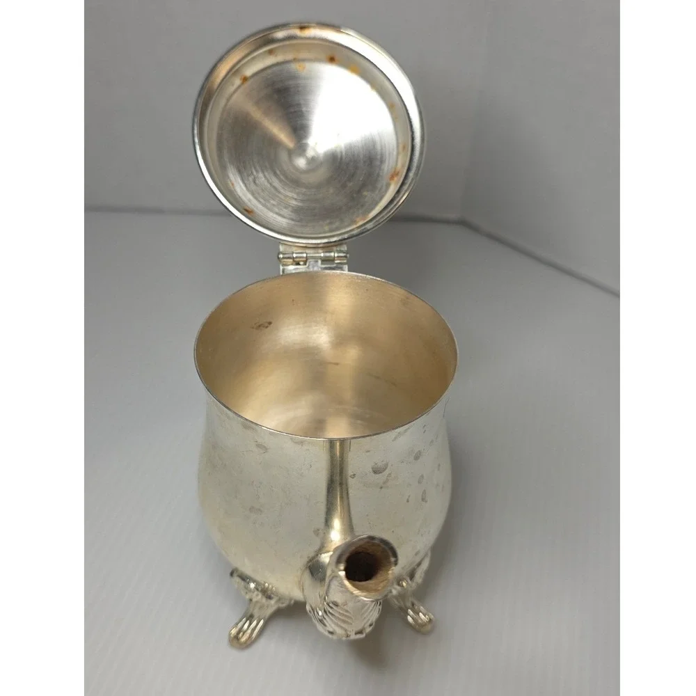 Vintage‎ Silver Plate Mini Teapot Creamer Ornate Footed Hinged Lid Unmarked
